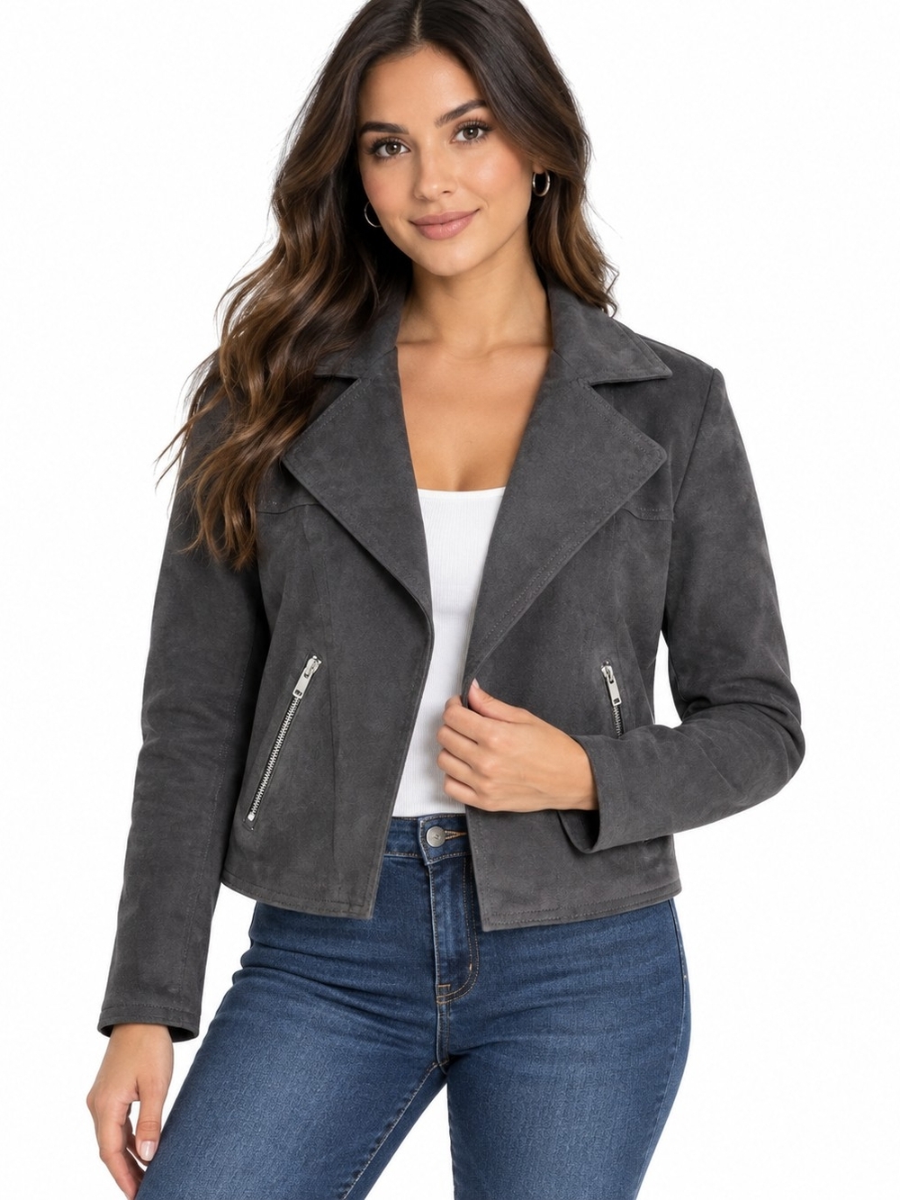 Tahari Charcoal Gray Suede Moto Jacket